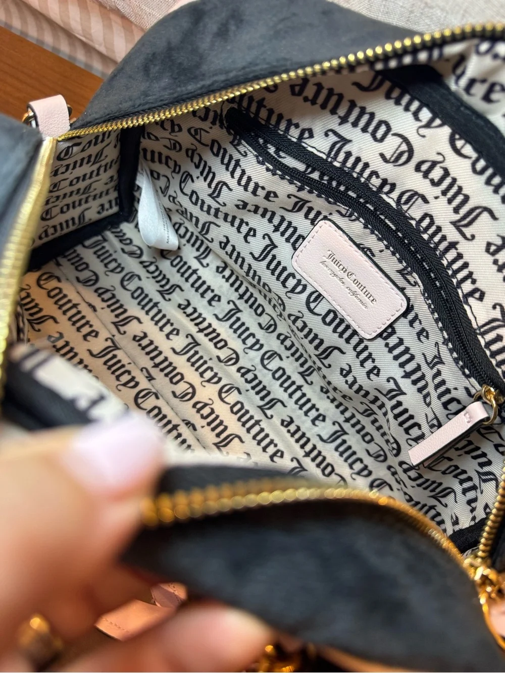 Juicy Couture Black Suede Satchel with Pink Trim